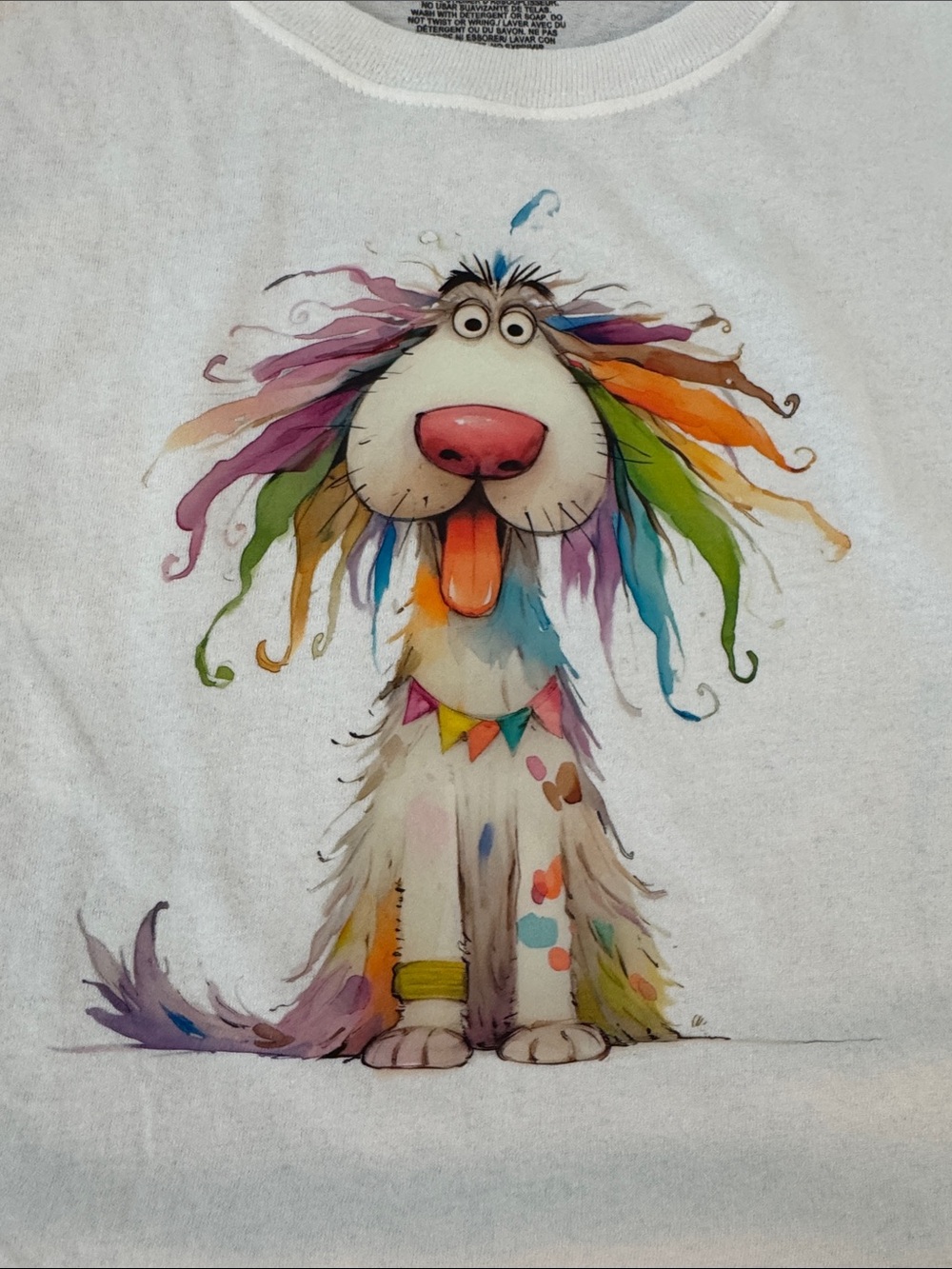 White Tee with Multicolor Rainbow Dog Graphic